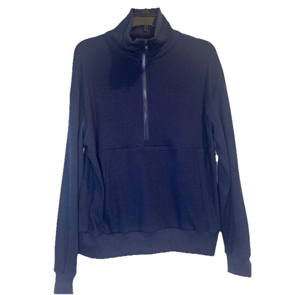 Pretty Garden Women’s Blue Ribbed 1/2 Zip Pullover Top Sz M Athleisure NEW